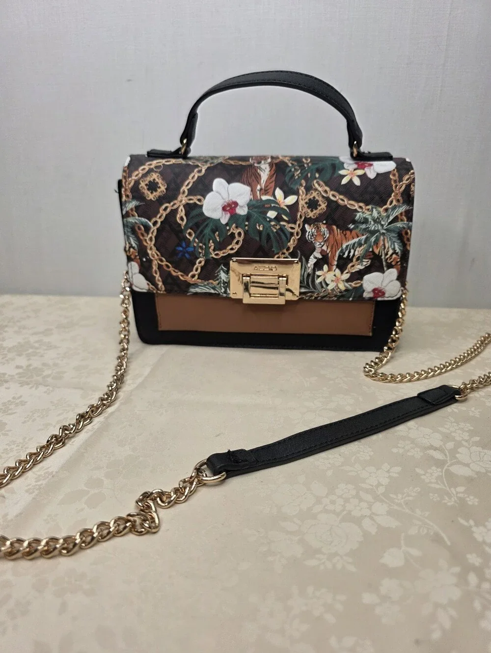 ALDO Tropical Tiger Floral Chain Print Top Handle Crossbody Satchel Bag